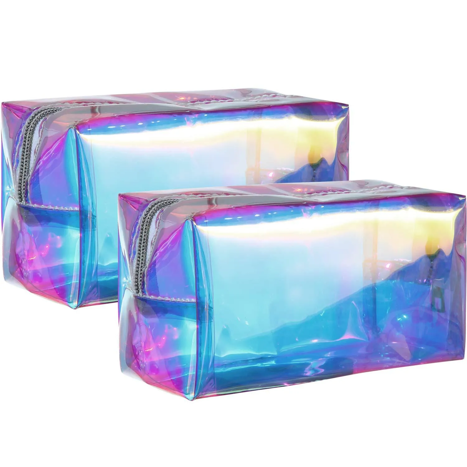 2 Pieces Holographic Makeup Bag Iridescent Cosmetic Pouch Waterproof Portable Handbag for Makeup Tools Organize