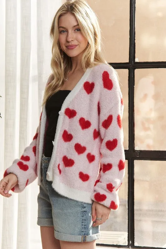 ADORA Ivory & Red Fuzzy Heart Button Down Cardigan