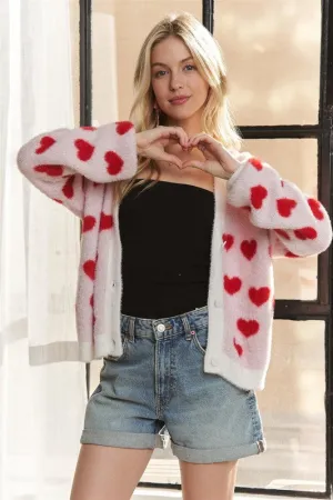 ADORA Ivory & Red Fuzzy Heart Button Down Cardigan
