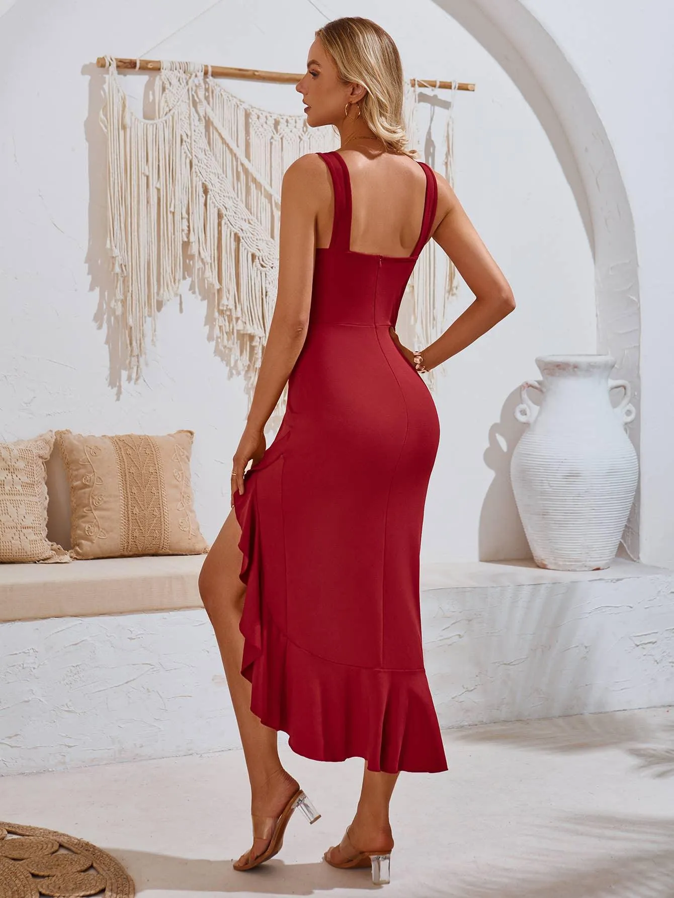 Cascading Hem Ruffle Vneck Dress