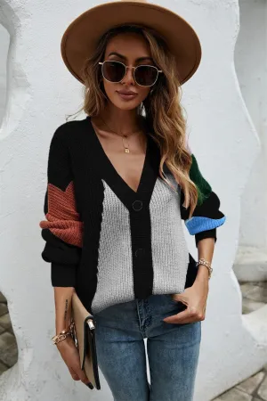 Cherish Contrast Button Front V Neck Cardigan Sweater