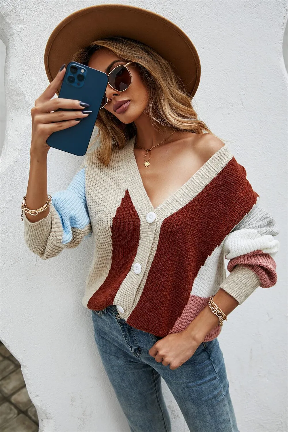 Cherish Contrast Button Front V Neck Cardigan Sweater