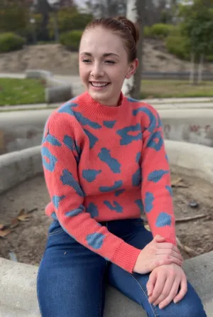 Coral Leopard Print Pullover Sweater – Loose Fit Knit for Women