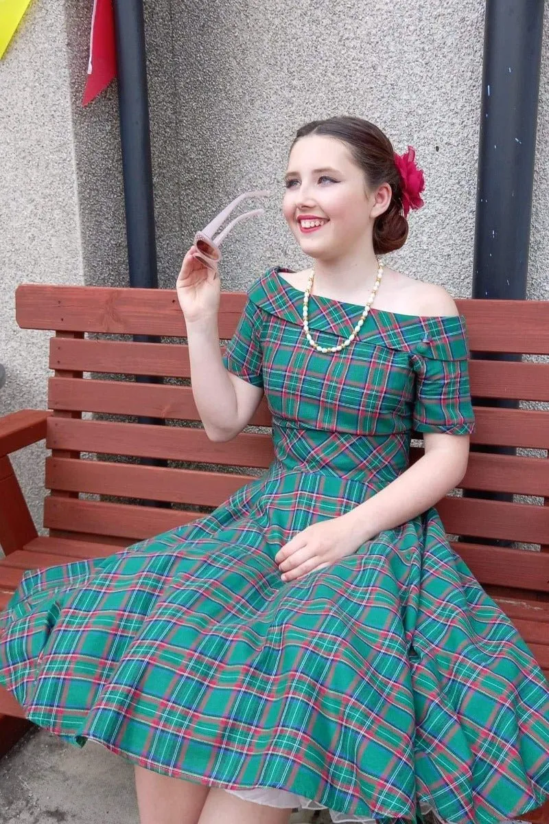 Darlene Vintage Swing Dress in Dark Green Plaid Print