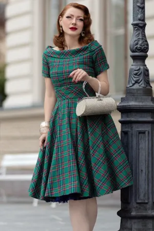 Darlene Vintage Swing Dress in Dark Green Plaid Print
