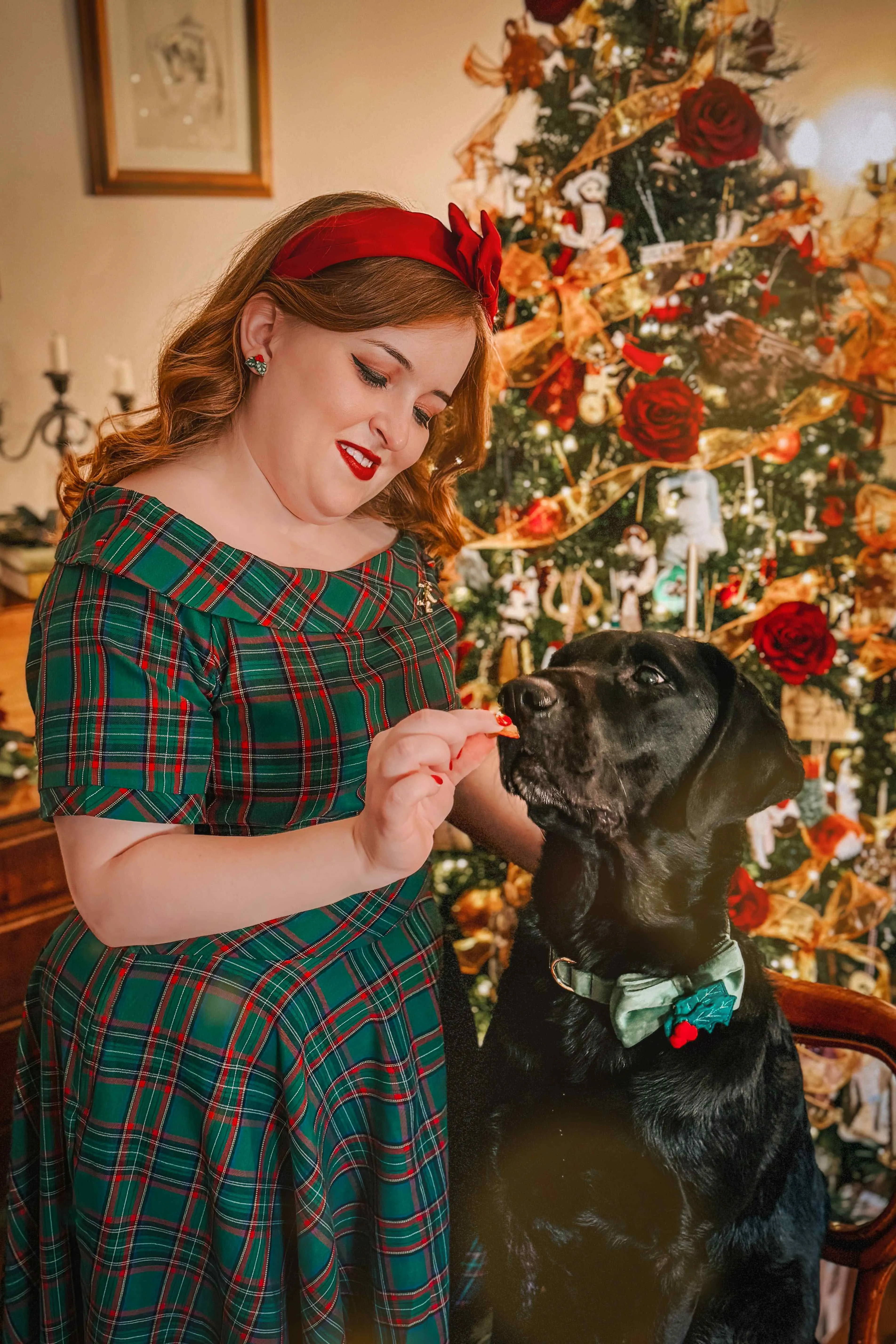 Darlene Vintage Swing Dress in Dark Green Plaid Print