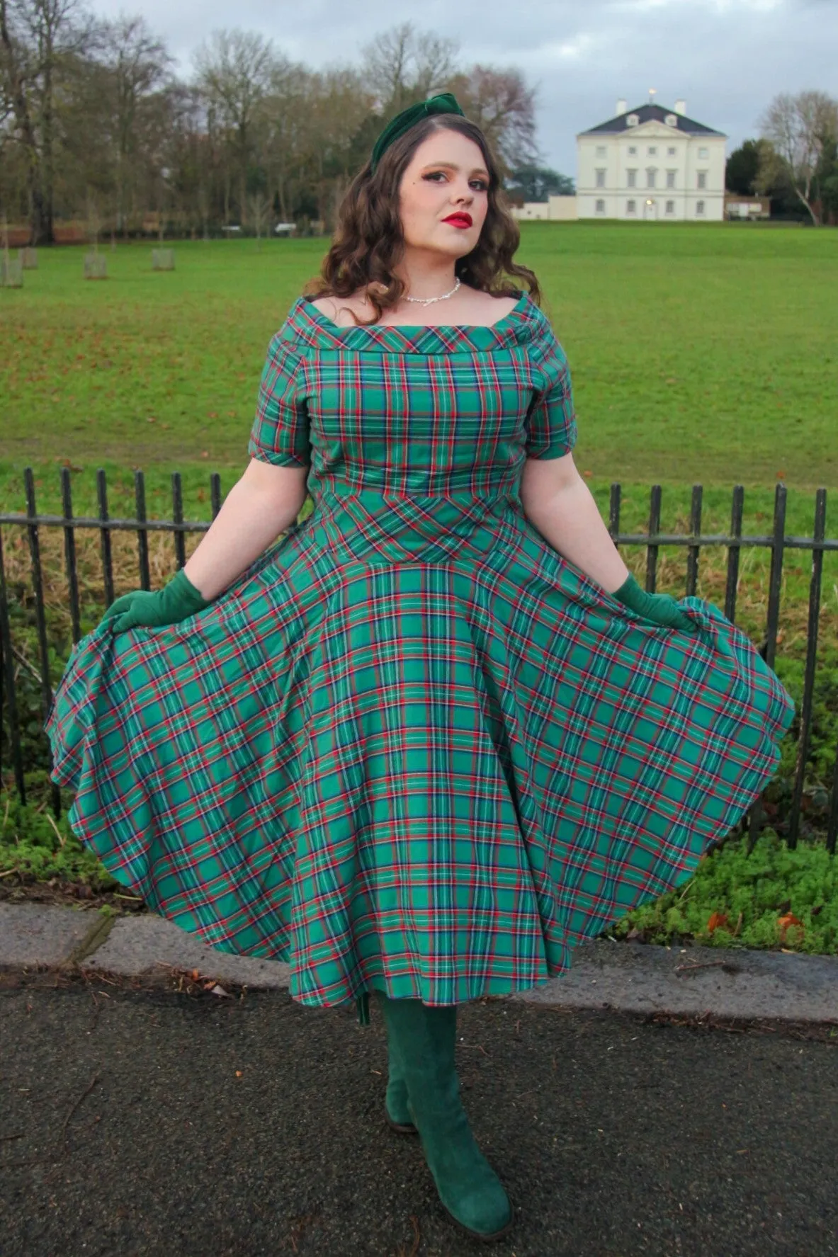Darlene Vintage Swing Dress in Dark Green Plaid Print