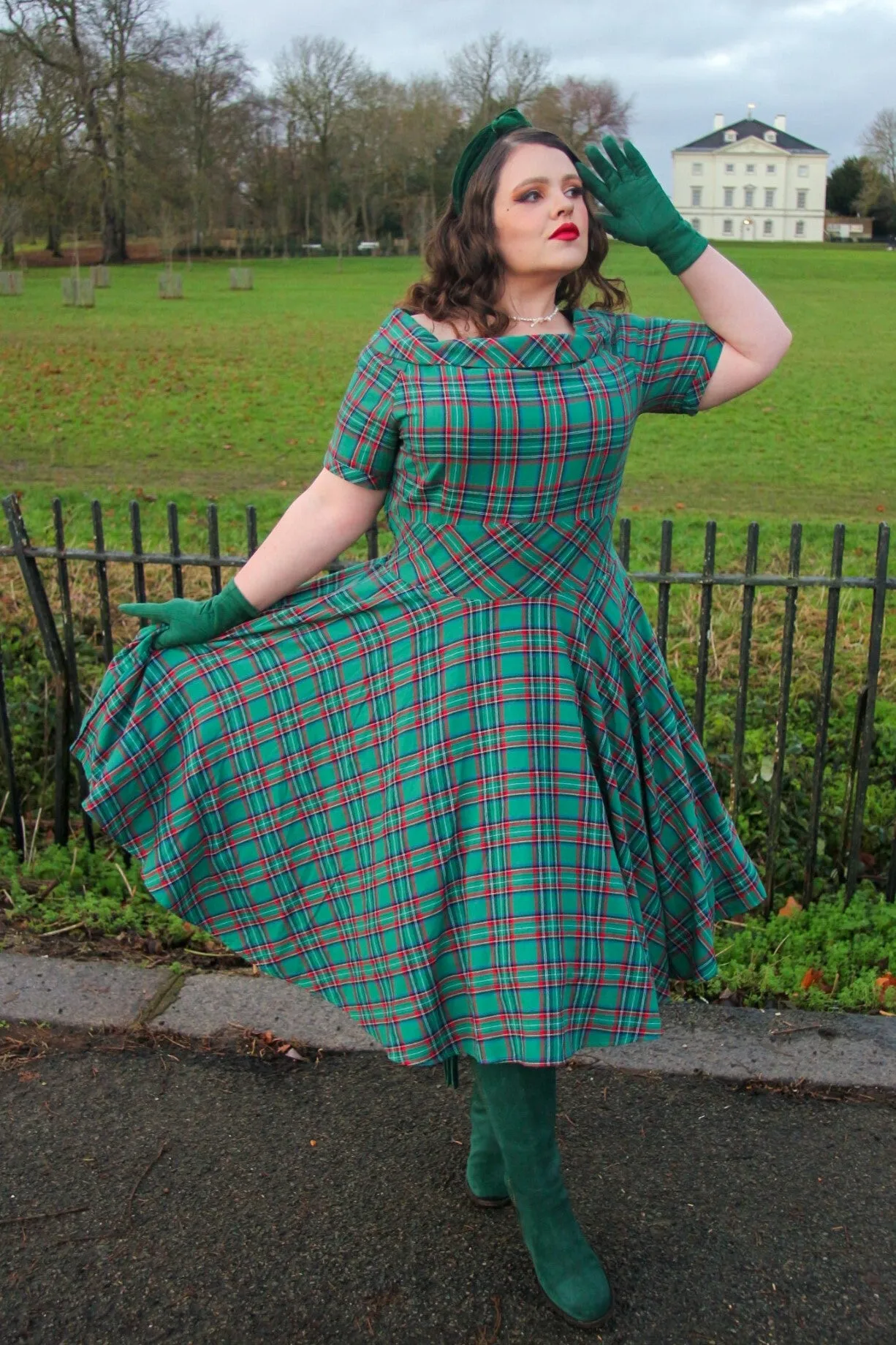Darlene Vintage Swing Dress in Dark Green Plaid Print