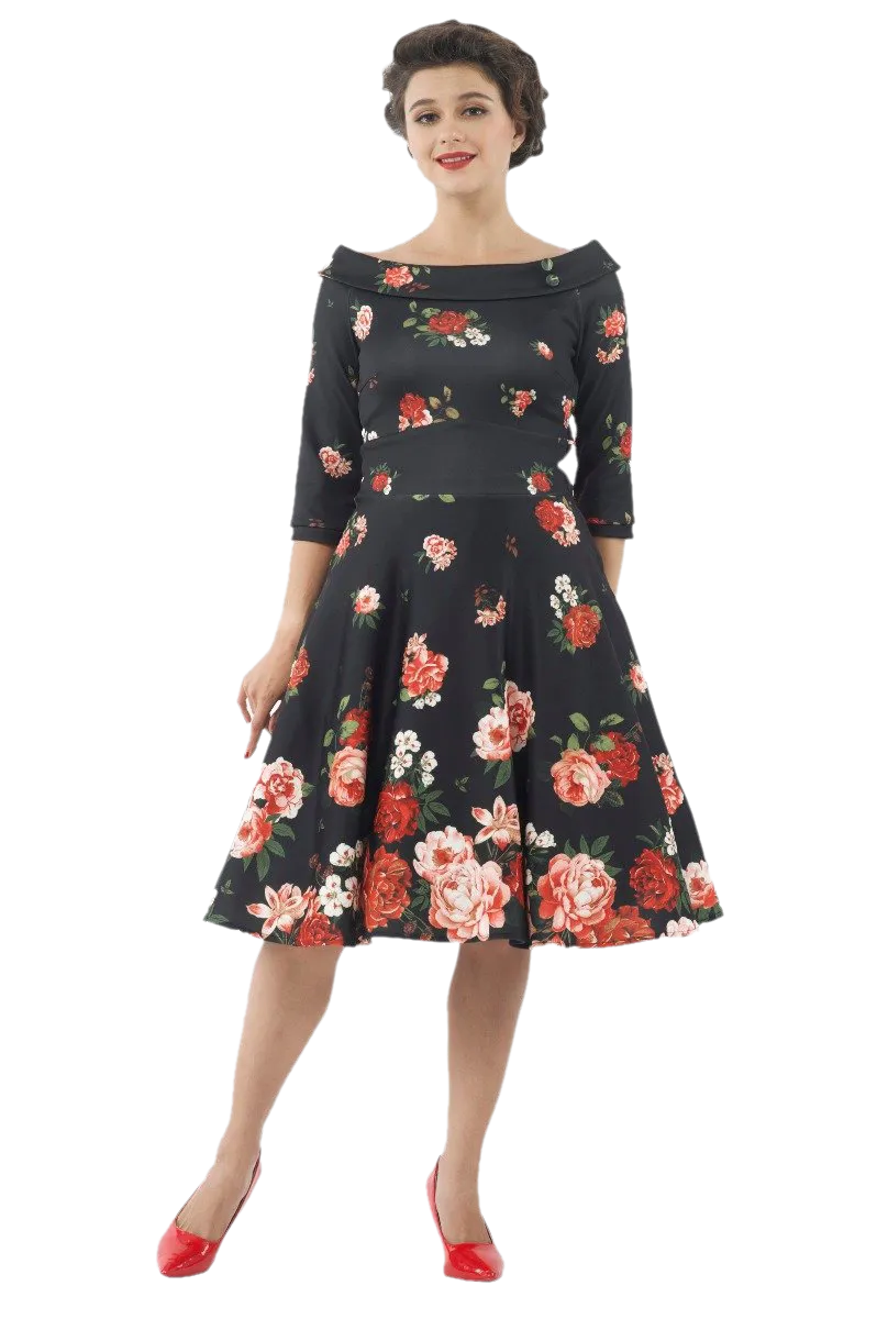 Deborah Flattering Swing Dress - Black with Raising Rose
