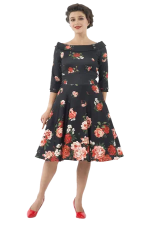 Deborah Flattering Swing Dress - Black with Raising Rose