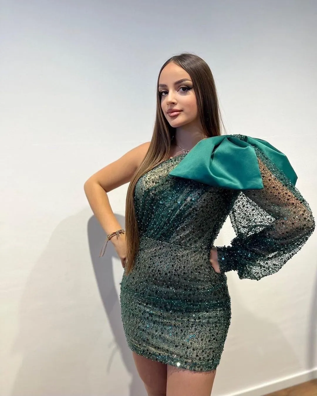 Designer Short One Shoulder Sequined Long Sleeve Tight Prom Dress