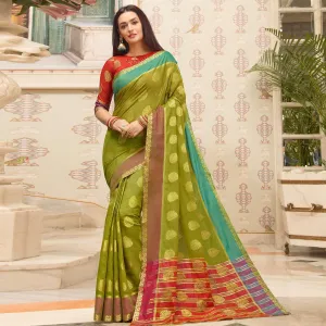 Flattering Parrot Green Colored Festive Wear Woven Cotton Handloom Saree