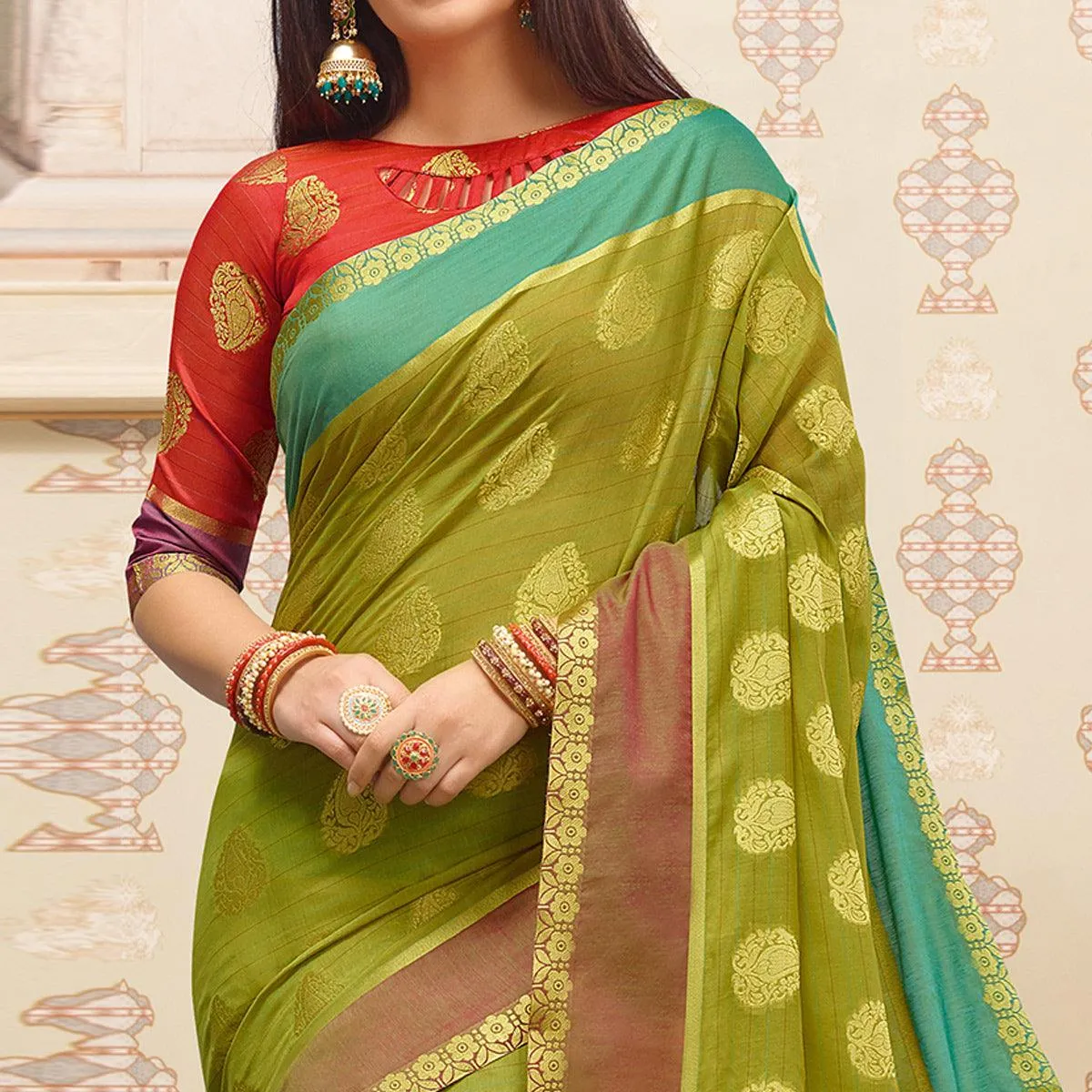 Flattering Parrot Green Colored Festive Wear Woven Cotton Handloom Saree
