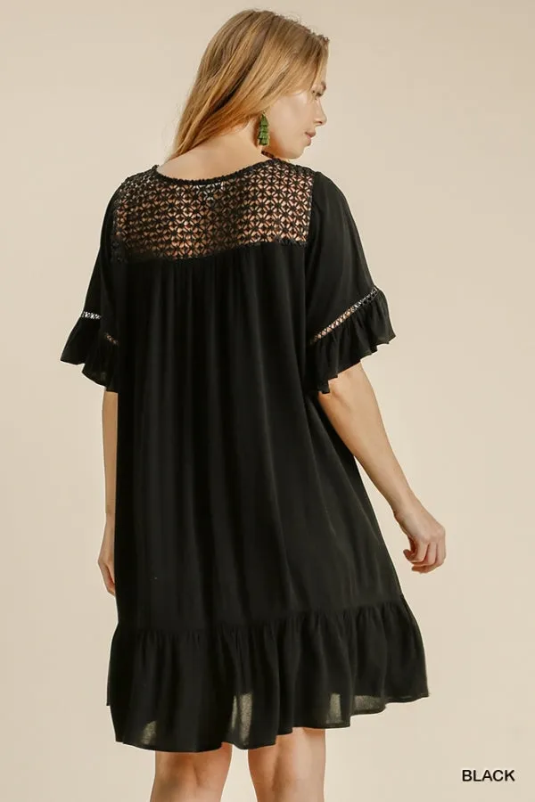 Floral Crochet Yoke Short Ruffle Sleeve Ruffle Hem Dress
