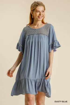 Floral Crochet Yoke Short Ruffle Sleeve Ruffle Hem Dress