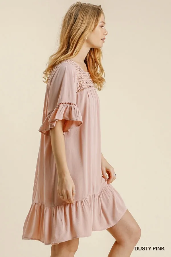Floral Crochet Yoke Short Ruffle Sleeve Ruffle Hem Dress