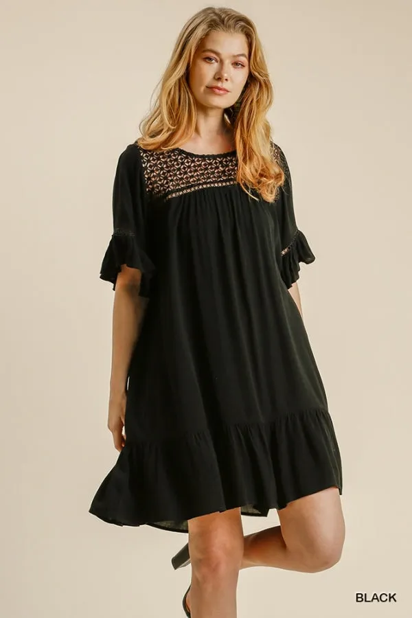 Floral Crochet Yoke Short Ruffle Sleeve Ruffle Hem Dress
