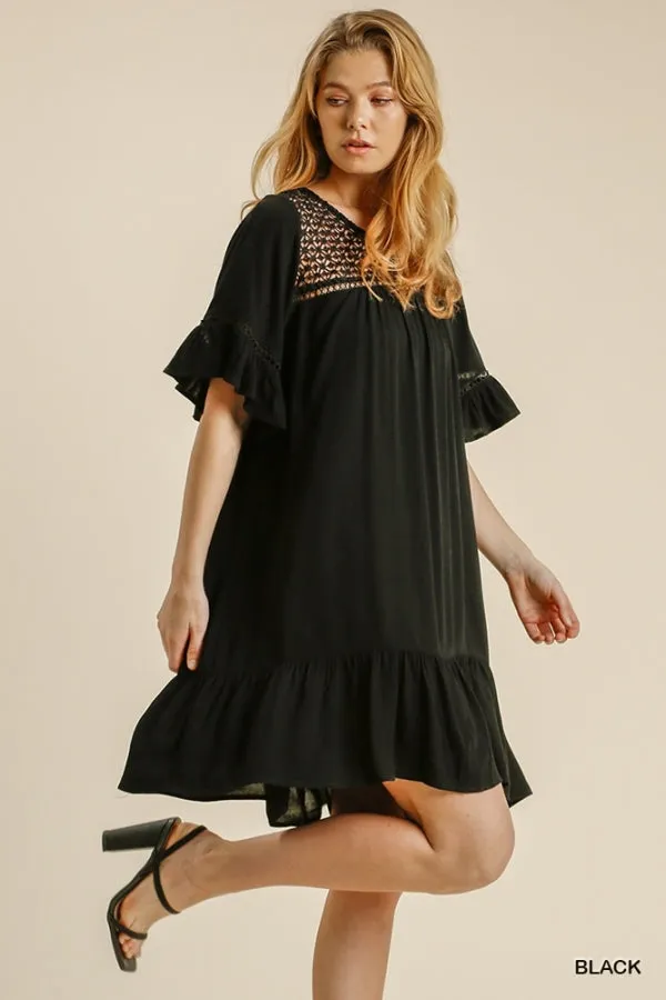 Floral Crochet Yoke Short Ruffle Sleeve Ruffle Hem Dress