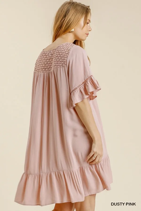 Floral Crochet Yoke Short Ruffle Sleeve Ruffle Hem Dress