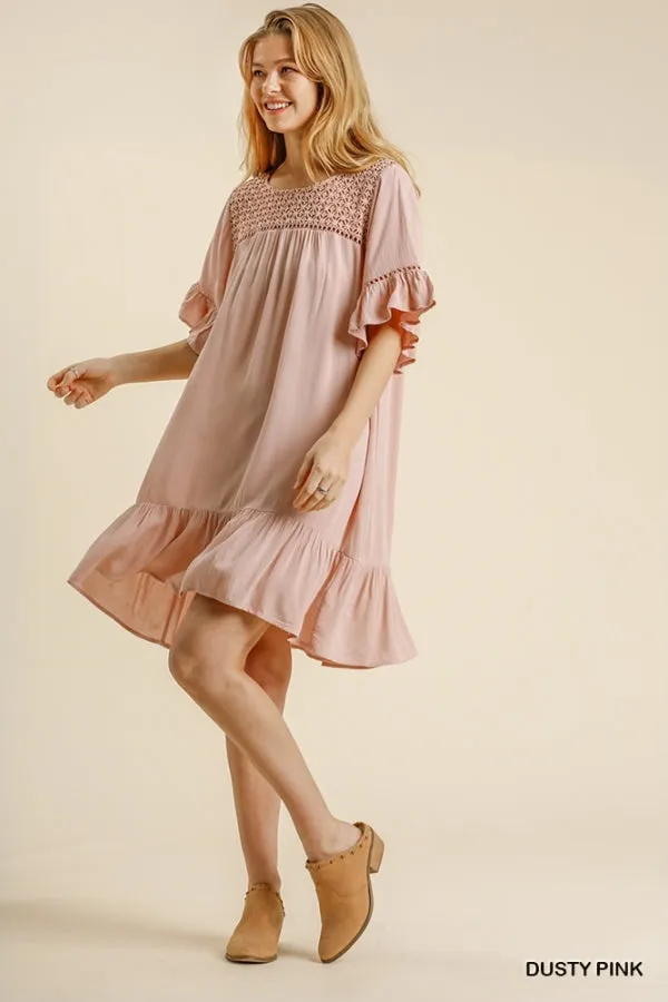 Floral Crochet Yoke Short Ruffle Sleeve Ruffle Hem Dress