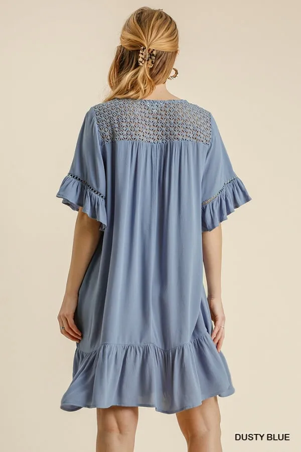 Floral Crochet Yoke Short Ruffle Sleeve Ruffle Hem Dress