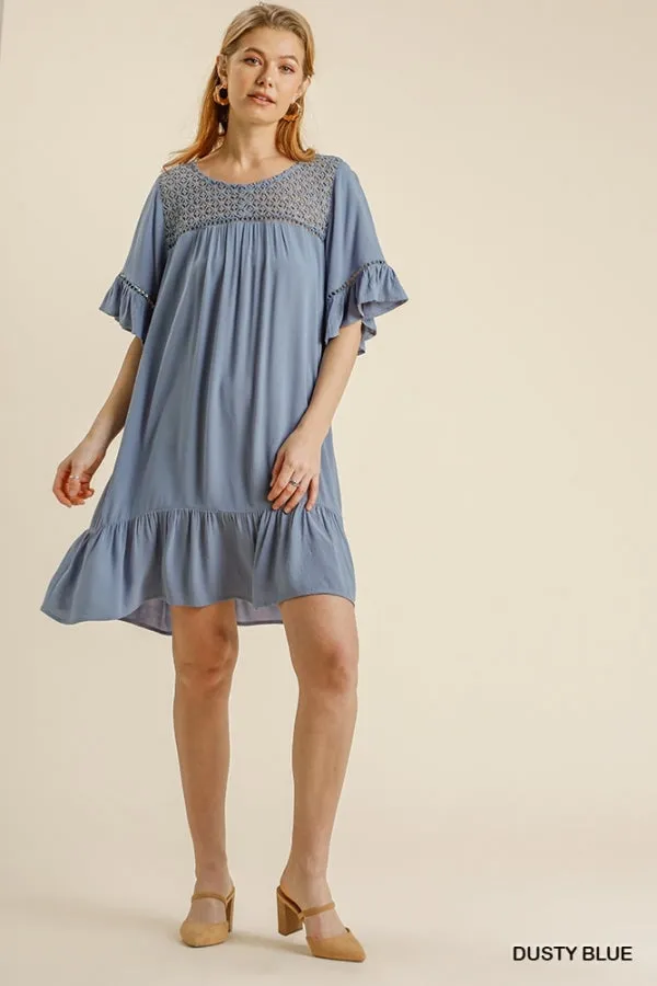 Floral Crochet Yoke Short Ruffle Sleeve Ruffle Hem Dress