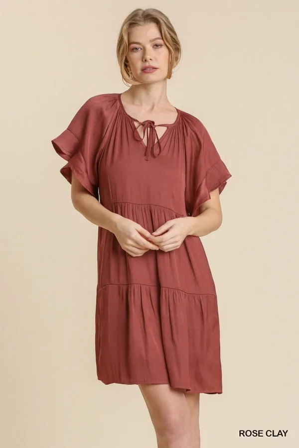 Front Tie Short Ruffle Raglan Sleeves Tiered Dress