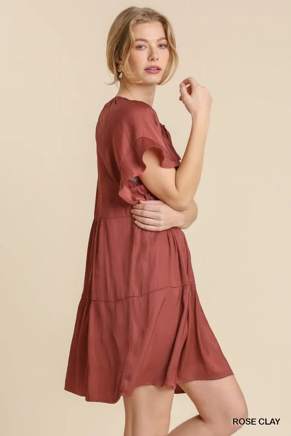 Front Tie Short Ruffle Raglan Sleeves Tiered Dress