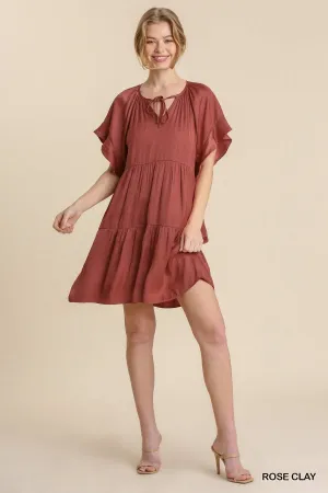 Front Tie Short Ruffle Raglan Sleeves Tiered Dress