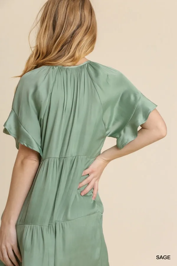 Front Tie Short Ruffle Raglan Sleeves Tiered Dress