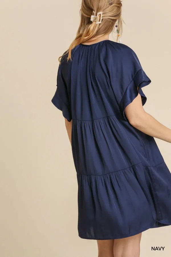 Front Tie Short Ruffle Raglan Sleeves Tiered Dress