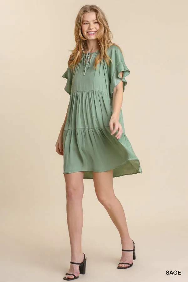 Front Tie Short Ruffle Raglan Sleeves Tiered Dress