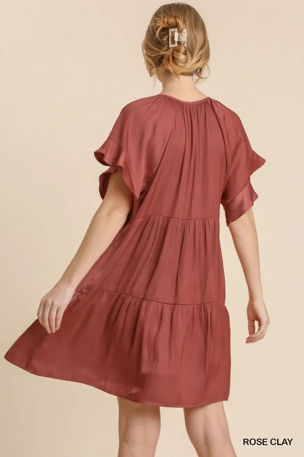 Front Tie Short Ruffle Raglan Sleeves Tiered Dress
