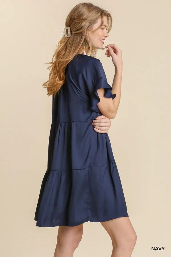 Front Tie Short Ruffle Raglan Sleeves Tiered Dress