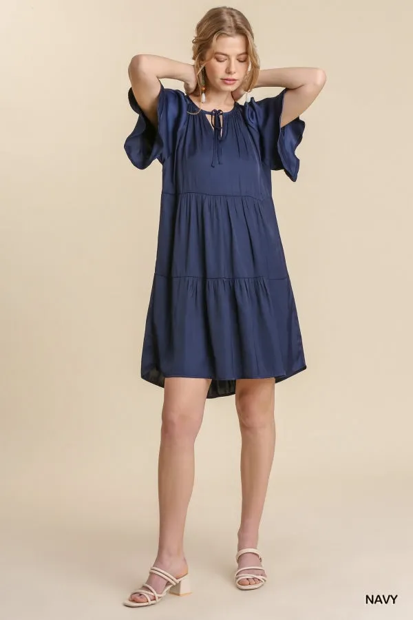 Front Tie Short Ruffle Raglan Sleeves Tiered Dress