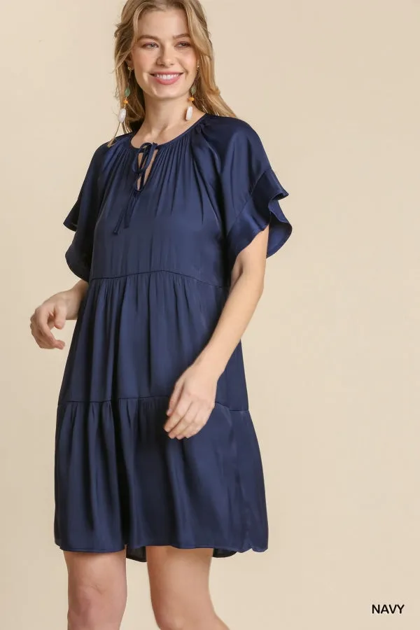 Front Tie Short Ruffle Raglan Sleeves Tiered Dress