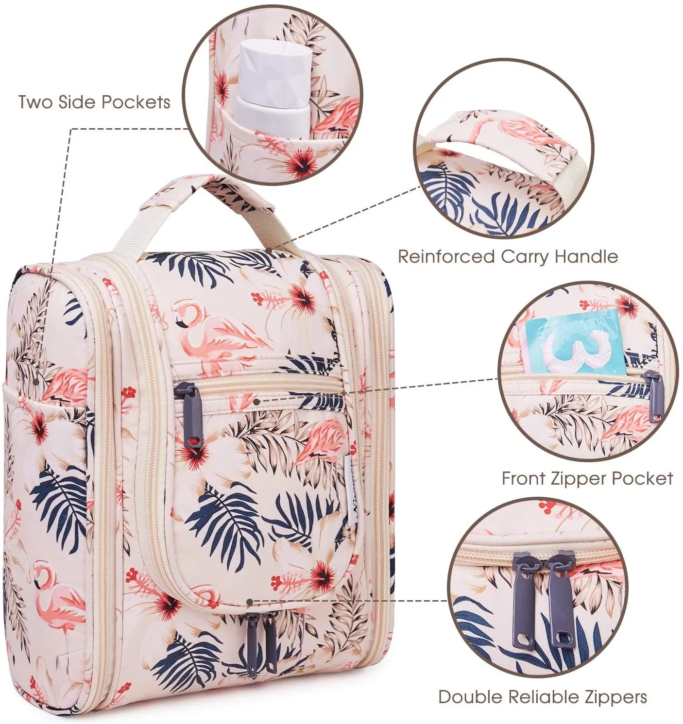 Hanging Travel Toiletry Bag Kit Cosmetic Makeup Organizer for Women and Men (Beige Flamingo)