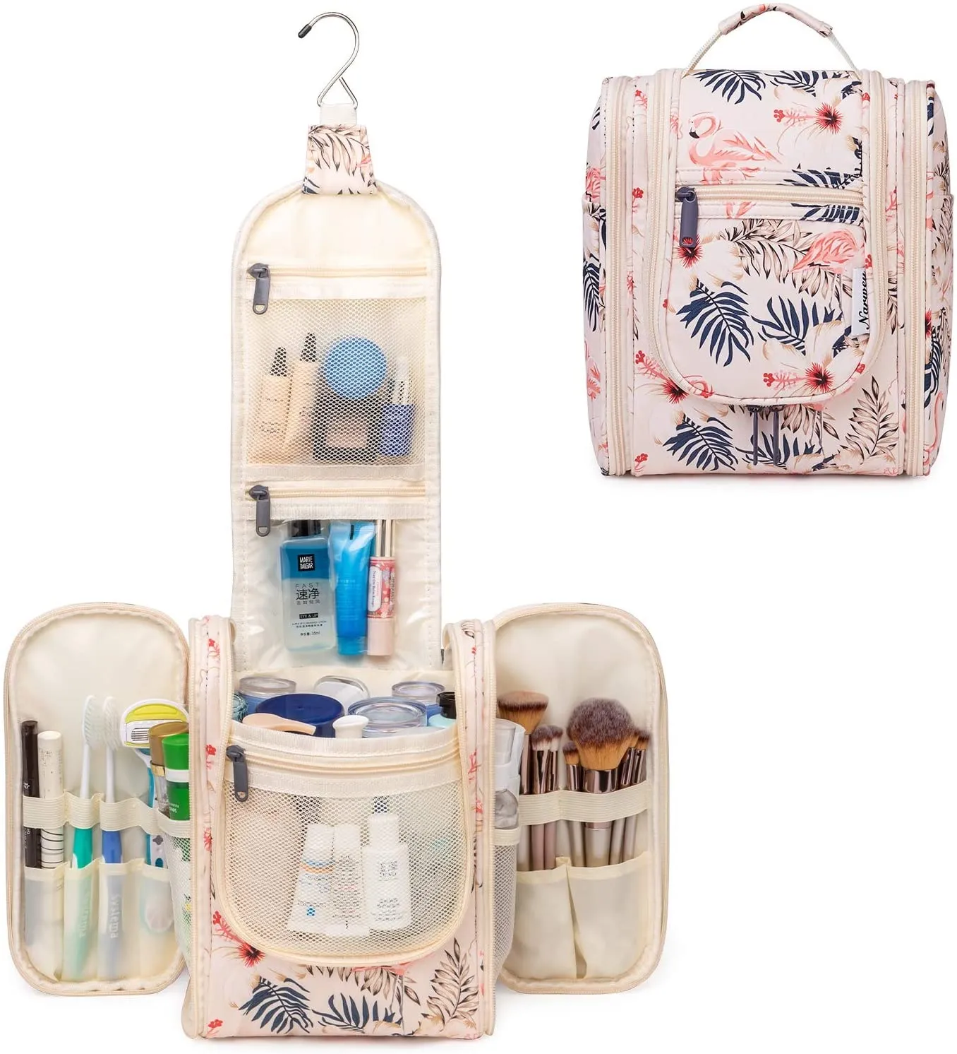 Hanging Travel Toiletry Bag Kit Cosmetic Makeup Organizer for Women and Men (Beige Flamingo)