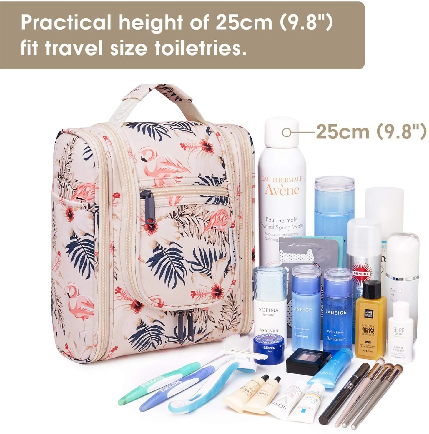 Hanging Travel Toiletry Bag Kit Cosmetic Makeup Organizer for Women and Men (Beige Flamingo)
