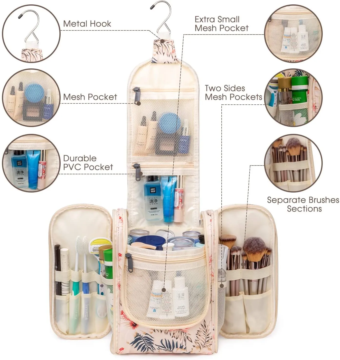 Hanging Travel Toiletry Bag Kit Cosmetic Makeup Organizer for Women and Men (Beige Flamingo)