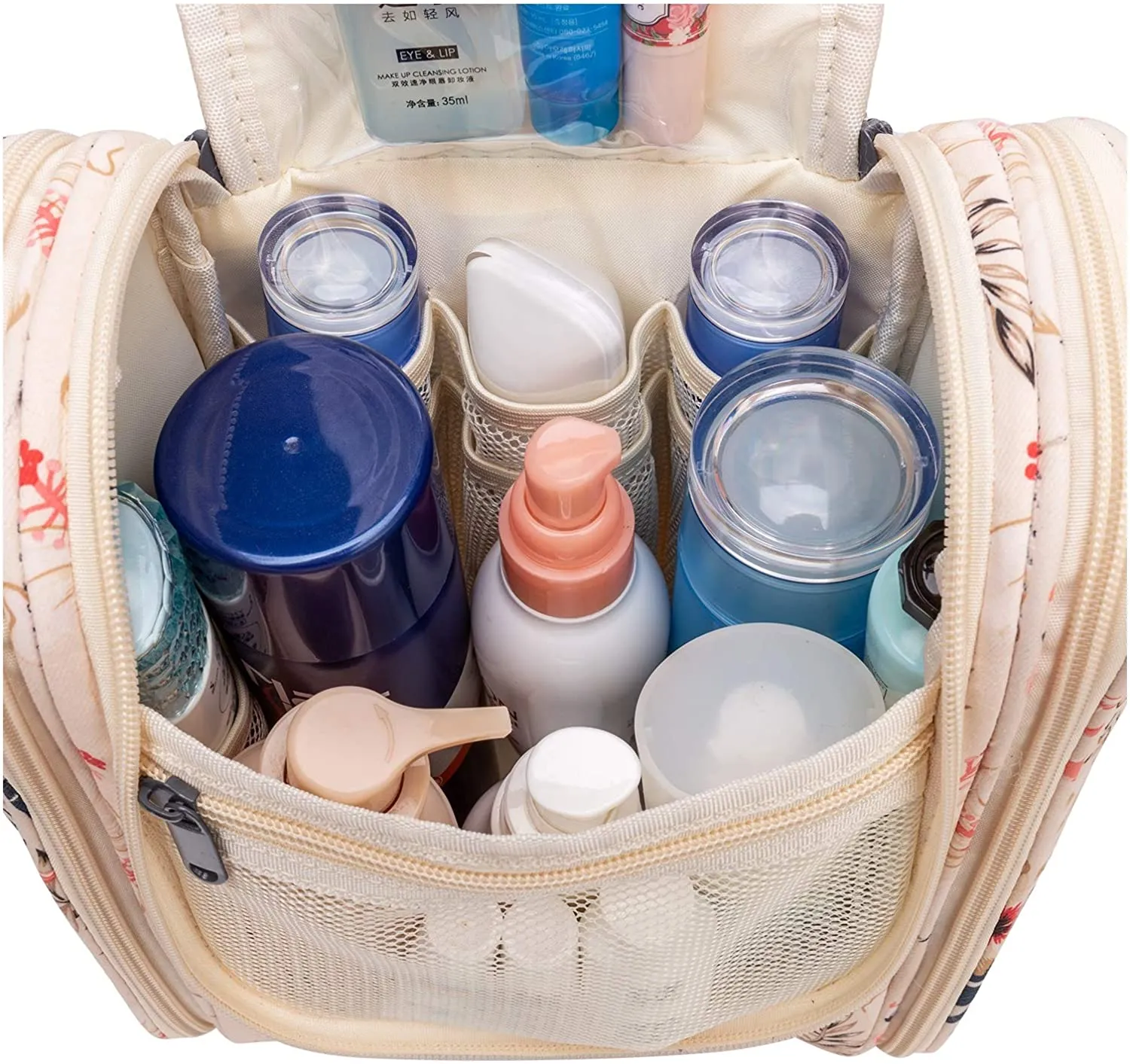 Hanging Travel Toiletry Bag Kit Cosmetic Makeup Organizer for Women and Men (Beige Flamingo)