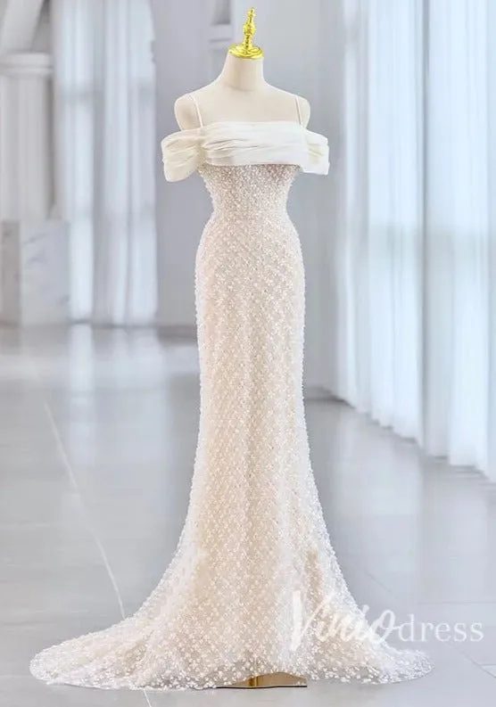 Ivory Mermaid Beaded Wedding Dresses Spaghetti Strap Bridal Dress VW2193