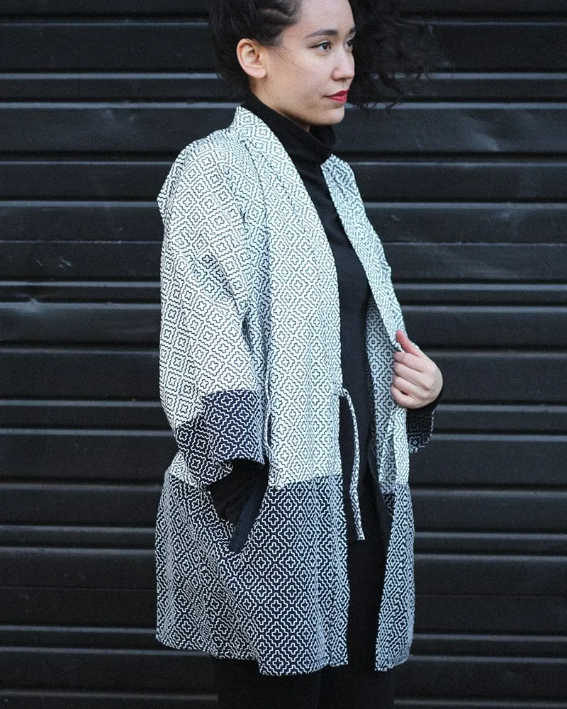 Kiriko Custom Modern Hitomezashi Dougi Jacket, Navy and White Split 02