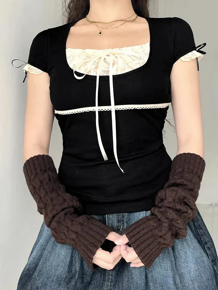 Lace Trim Crop Top: Sweet Square Neck Harajuku Tee From Kawaii Stop