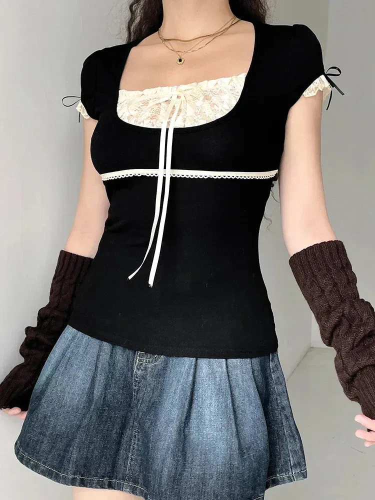 Lace Trim Crop Top: Sweet Square Neck Harajuku Tee From Kawaii Stop
