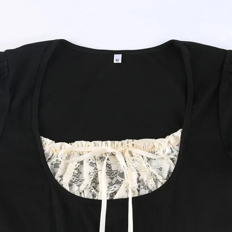 Lace Trim Crop Top: Sweet Square Neck Harajuku Tee From Kawaii Stop