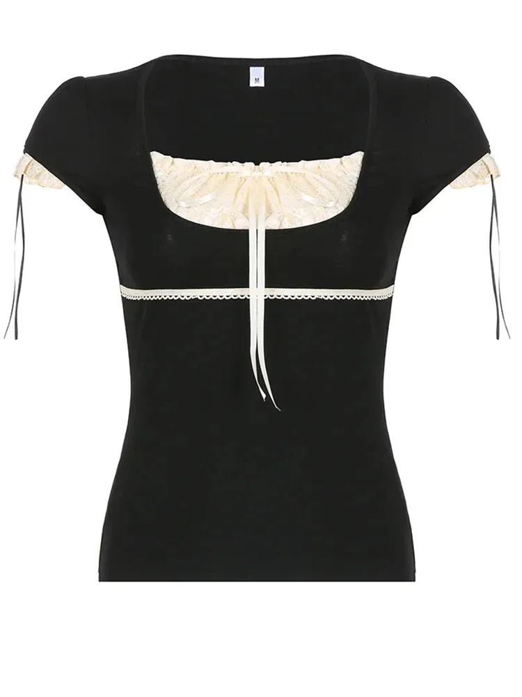 Lace Trim Crop Top: Sweet Square Neck Harajuku Tee From Kawaii Stop