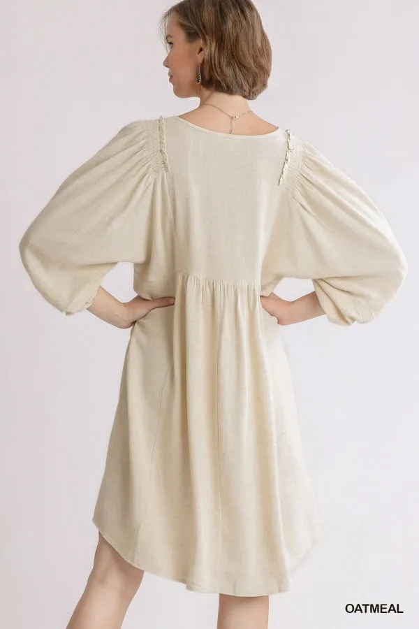 Linen Blend Three Quarter Sleeve Keyhole Smocked Shoulder Dress