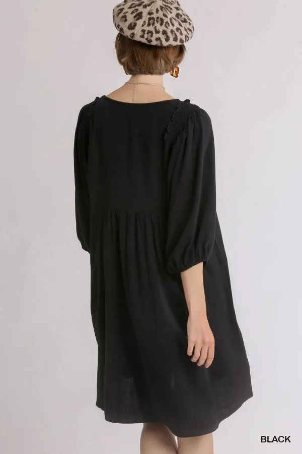 Linen Blend Three Quarter Sleeve Keyhole Smocked Shoulder Dress