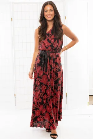 Love Affair One Shoulder Floral Red Midi Dress